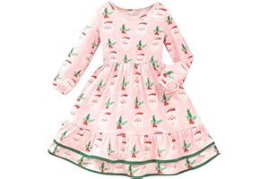 DDSOL Toddler Girl Christmas Dress Little Kid Long Sleeve Dinosaur Santa Swing Ruffle Casual Dress Xmas Clothes 2-7 Year