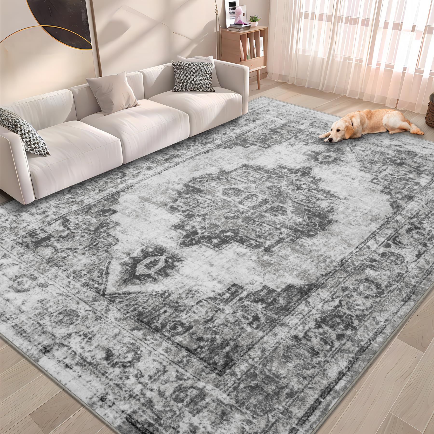 Area Rug 6x9 Vintage Rug: Washable Indoor Medallion