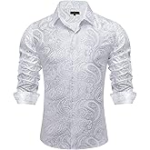DiBanGu Mens Paisley Dress Shirt Luxury Printed Long Sleeve Button Down Shirts Regular Fit Shiny Shirts for Wedding Prom