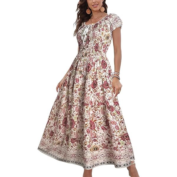 OSTOO Women's 2026 Summer Boho Floral Print Tiered Casual Flowy Long Maxi  Dress(Apricot,S) at Amazon Women's Clothing store