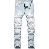 OIIIO Men's Ripped Slim Fit Straight Leg Jean Denim Pant