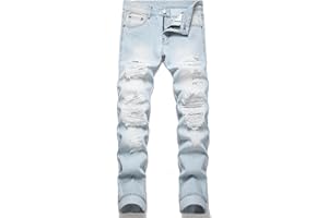 OIIIO Men's Ripped Slim Fit Straight Leg Jean Denim Pant