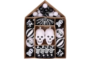 Valery Madelyn 40ct Halloween Ornaments Tree Decoration Set, Black White Variety Shatterproof Scary Skull Balls for 4Ft-5Ft Christmas Tree, Modern Hanging Ornaments for Spooky Holiday Party Home Decor