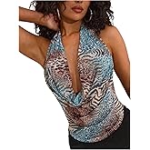 Floerns Women's Going Out Tops Animal Print Cheetah Mesh Sleeveless Draped Cowl Neck Halter Tops Tie Backless Camisole