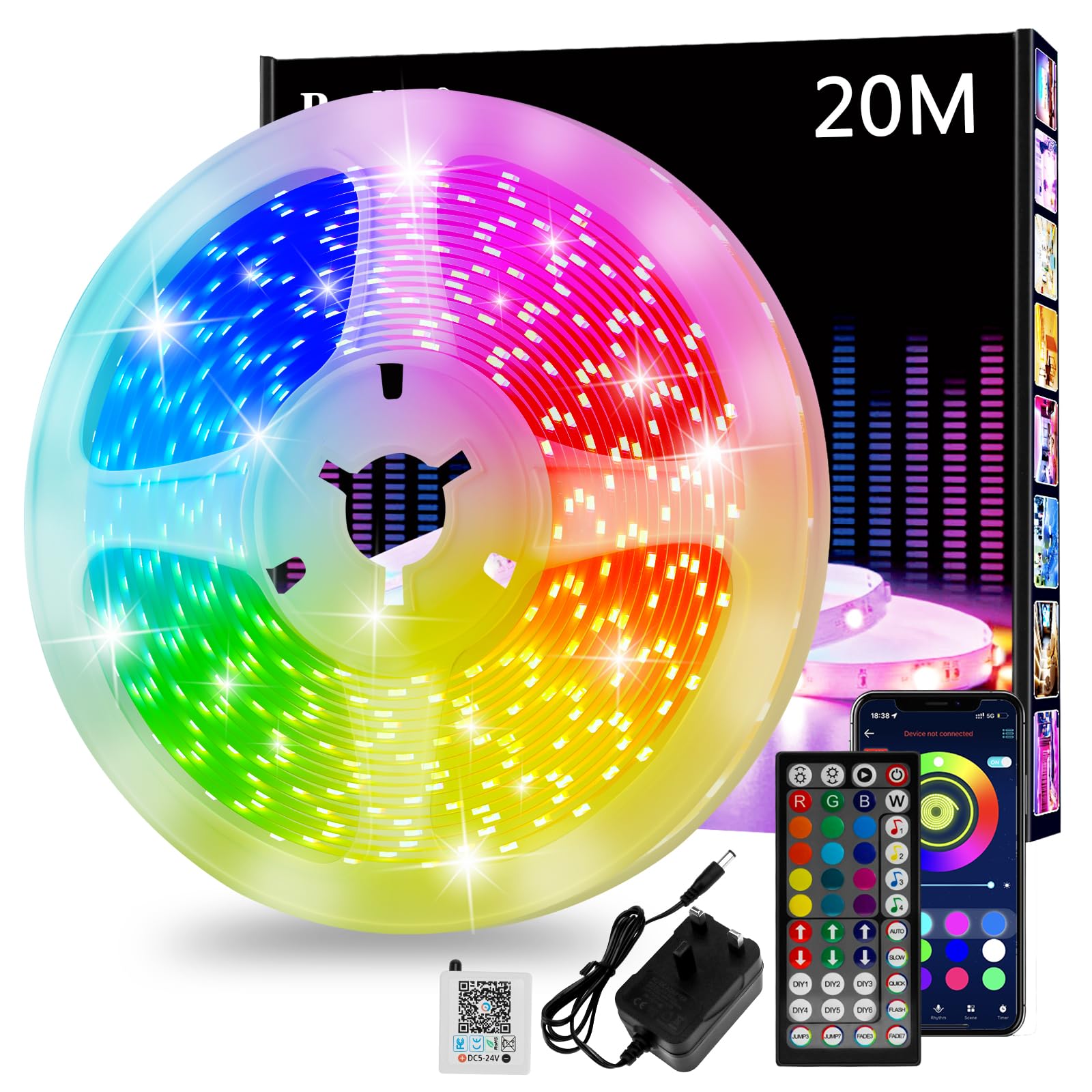 Realky LED Strip Light 20M, RGB Colour Changing Music Sync Led Lights for Bedroom with Bluetooth App & Remote, Cuttable Led Light Strips for Kitchen, Ceiling, Bar