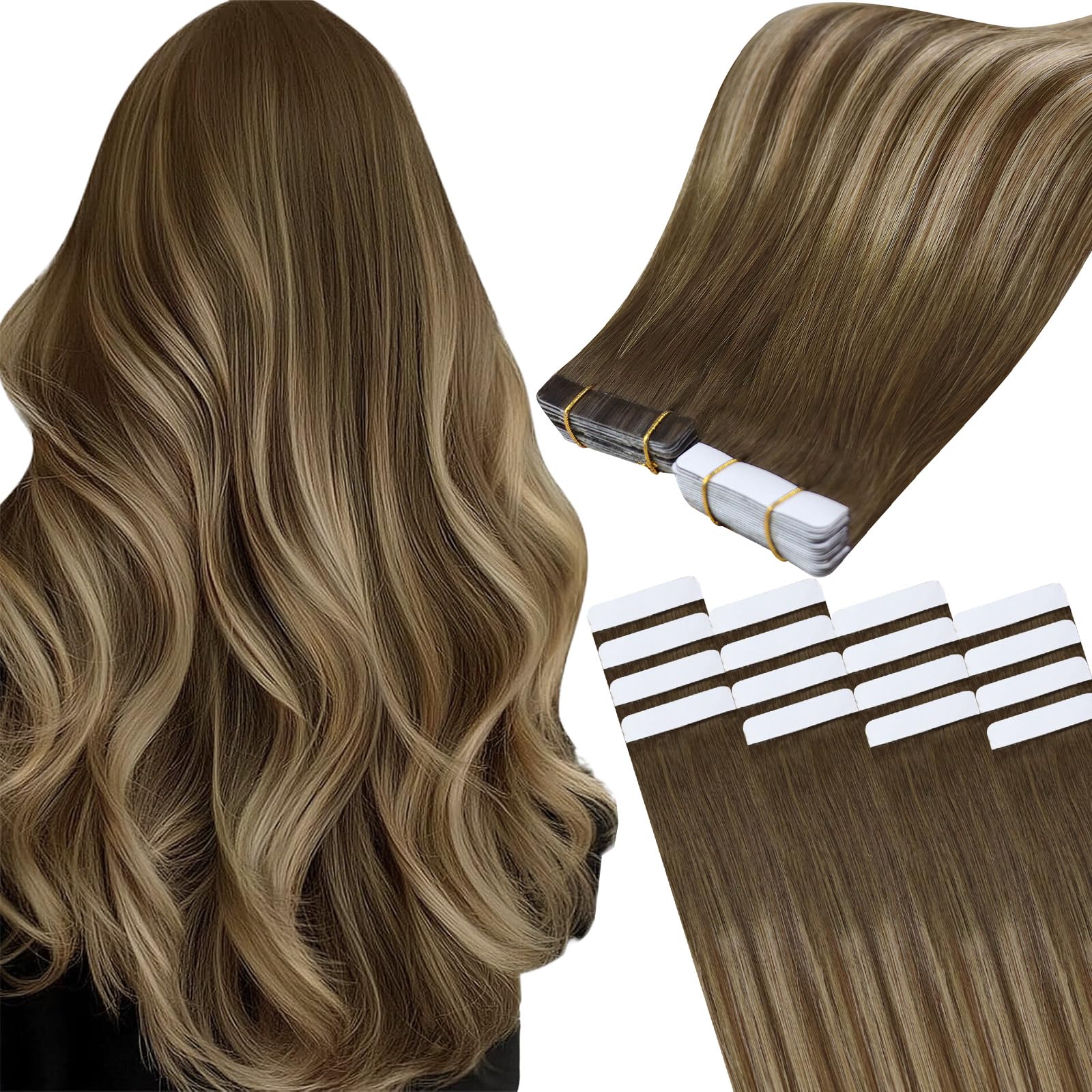 Easyouth Ombre Tape Hair Extensions Real Human Hair Brown Balayage Tape in Human Hair Extensions Ombre Medium Brown to Honey Blonde Tape Extensions Human Hair 22 Inch 50g 20Pcs — image 1