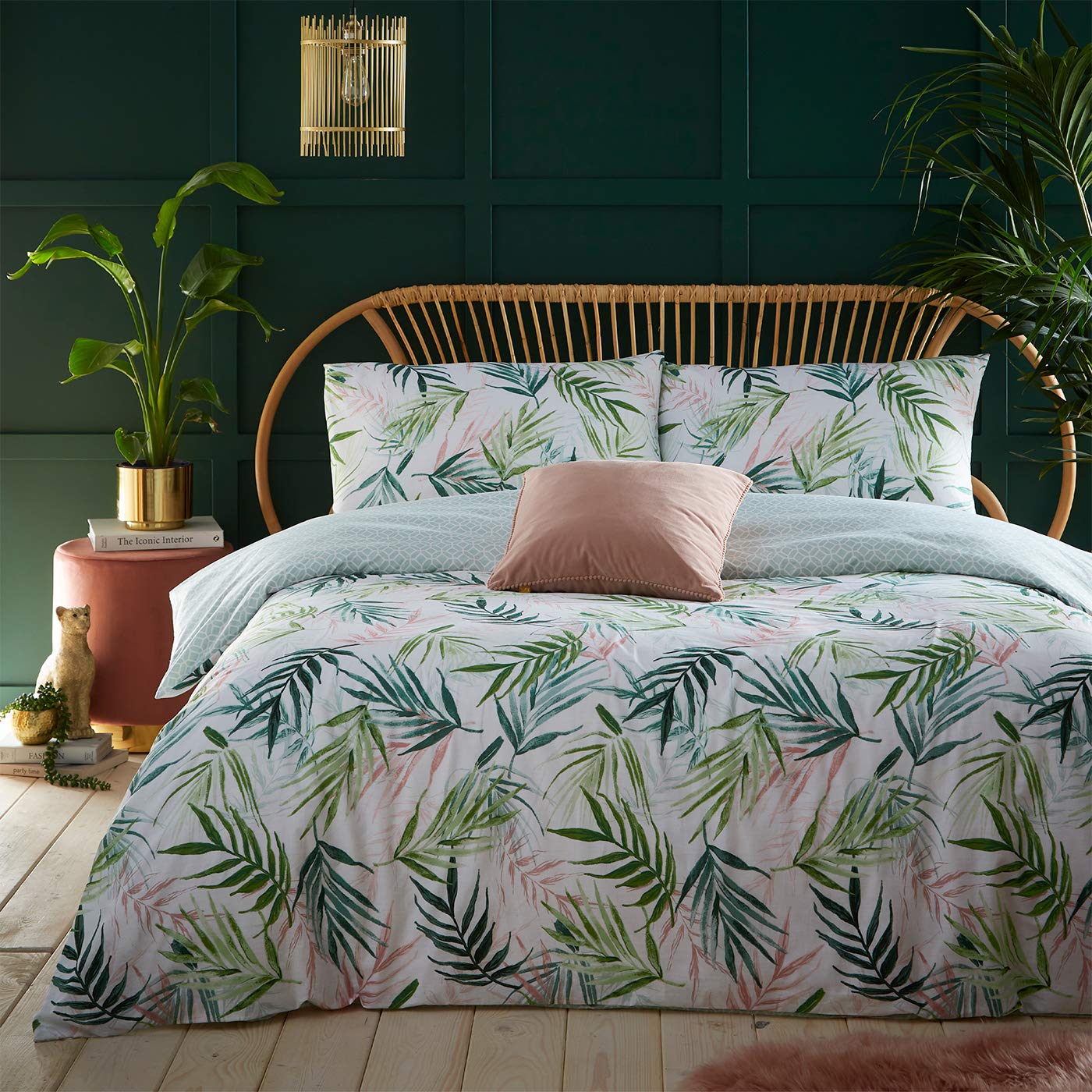 furn. Bali Palm Duvet Cover Set - Tropical Jungle Botanical Bedding Reversible Design (Green - Single)