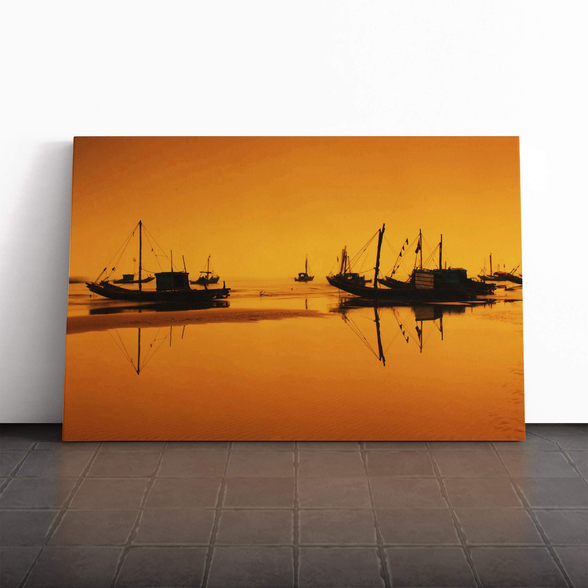 Sunset Beach Fishing Boats (3) Canvas Print | Gallery Wrapped 30mm Frame Wall Art | 20x14 inches | Ready to Hang | Modern Seascape Picture | Living Room Bedroom Lounge Office