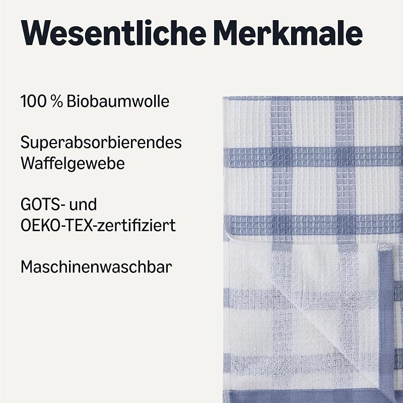 Waffel-Geschirrtücher aus 100% Bio-Baumwolle - Hochsaugfähig, Schnelltrocknend, Fusselfrei Küchentücher, 38 x 64 cm, 6er-Set (Sortiert Marineblau, Weiß) — Foto 2 von 5