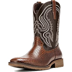JASONSTAR Cowboy Boots for Men, Faux Snake Skin Western Boots with Embroidery, Square Toe Mid-Calf Pull-on Boots for Riding,