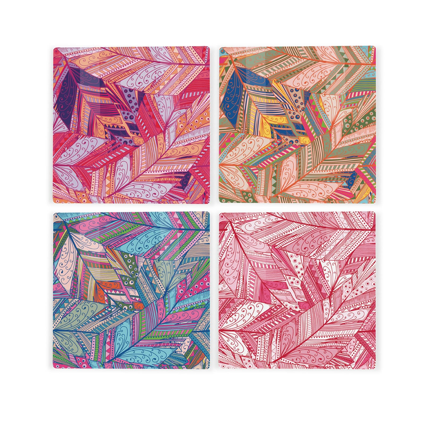 Abstract Feathers Ceramic Coaster Set - Colourful Mosaic Square Set of Four (4) Coasters Gift
