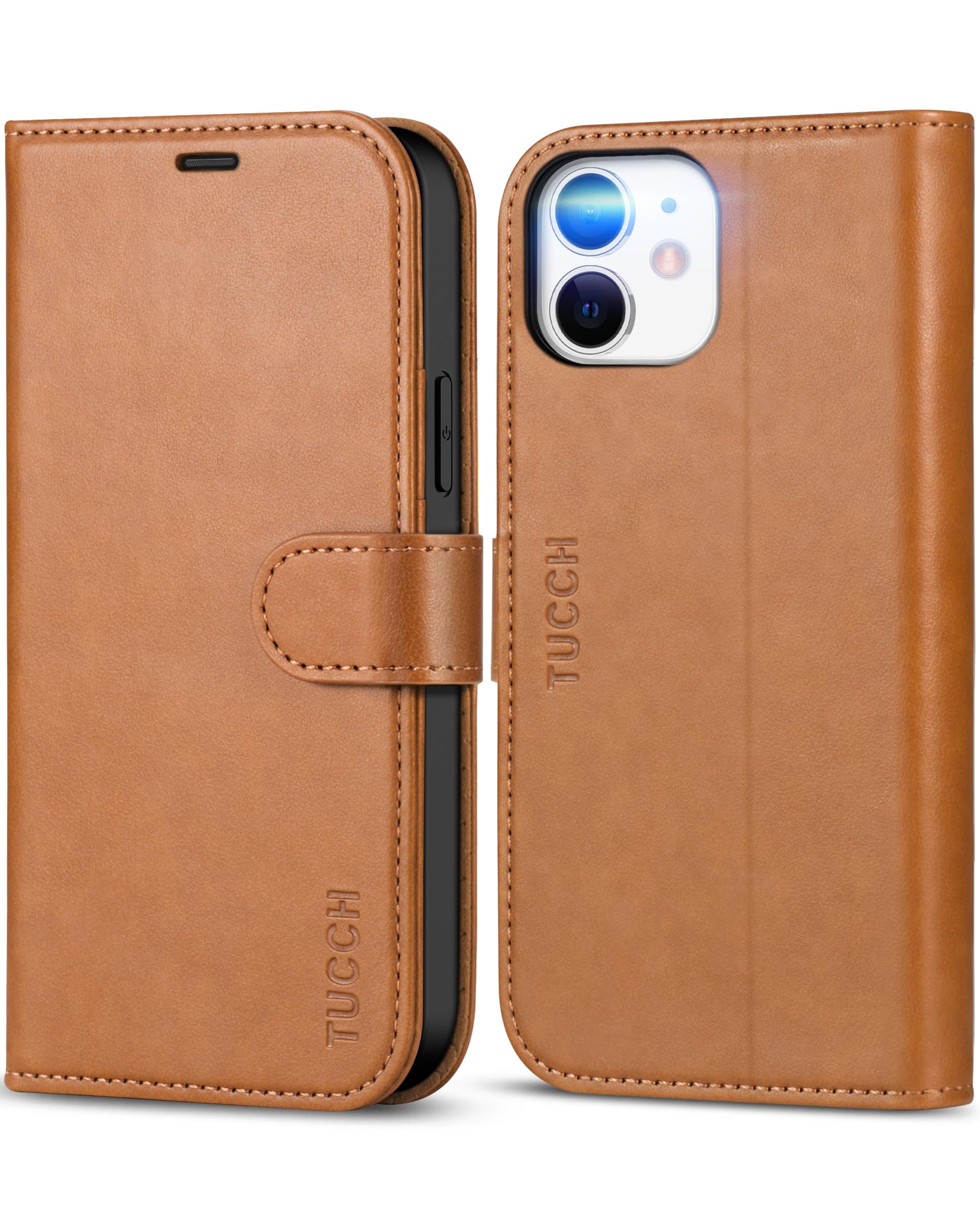 Photo 1 of TUCCH Wallet Case for iPhone 12/iPhone 12 Pro 5G, Magnetic PU Leather Stand Flip Cover with TPU Protect Inner Shell, RFID Blocking Card Slot Compatible with iPhone 12/12 Pro 6.1-inch, Light Brown