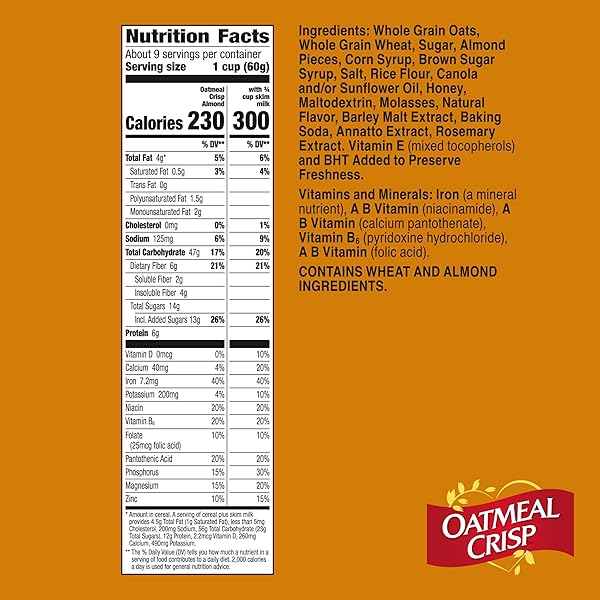 OATMEAL CRISP HEART HEALTHY CEREAL, HIGH FIBER CEREAL MADE WITH WHOLE GRAIN, 19.7 OZ