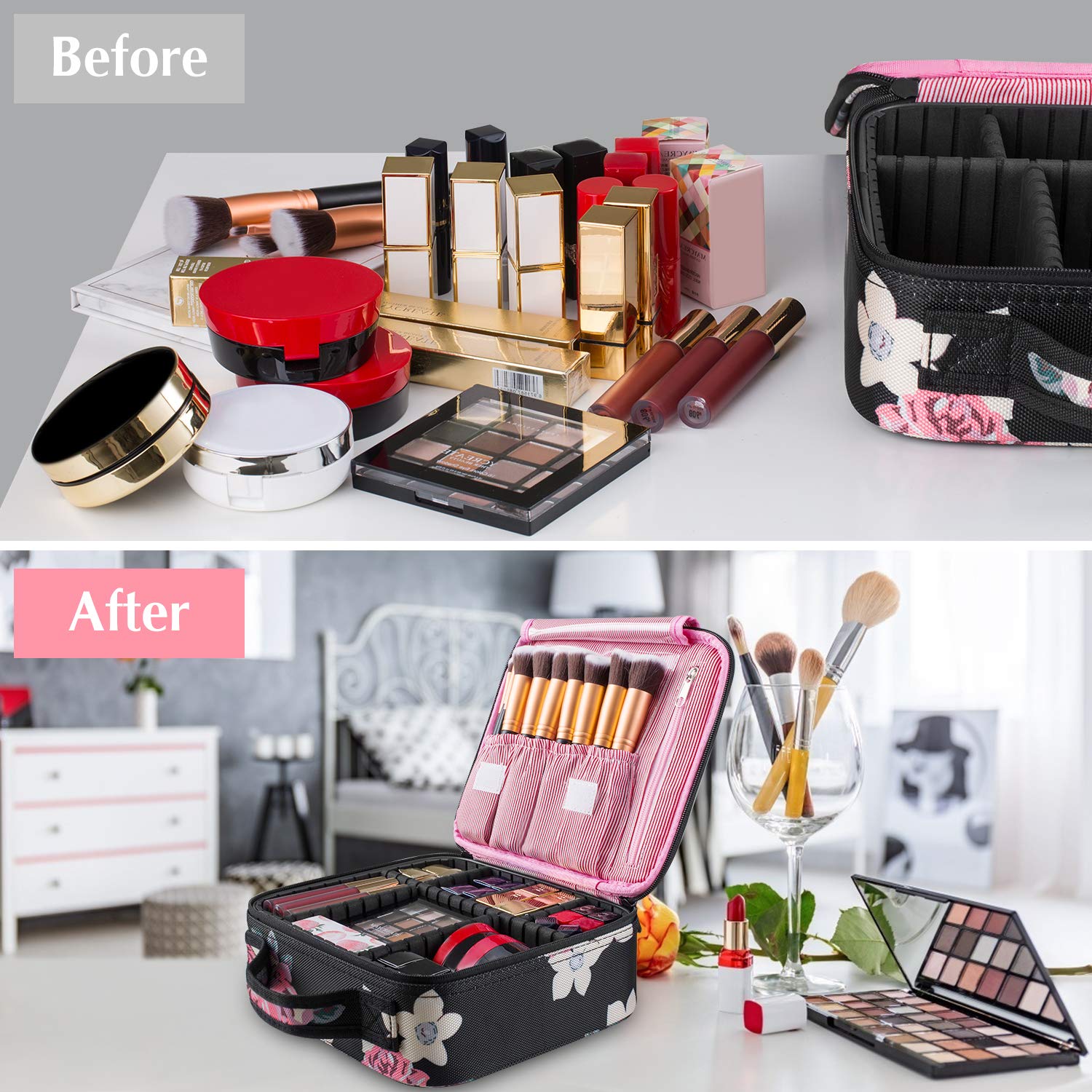 Kootek Travel Makeup Bag Portable Cosmetic Organizer Train Case with Adjustable Dividers for Cosmetics Makeup Brushes Toiletry Jewelry Digital Accessories : Beauty