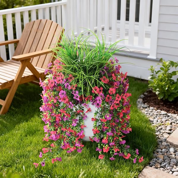 ARTIFICIAL HANGING FLOWERS FOR OUTDOORS WITH WHEAT GRASS, 5 PCS FAKE HANGING PLANTS FOR SPRING DECOR, UV RESISTANT FAUX SILK FLOWER GREENRY FOR PLANTER PORCH PATIO YARD GARDEN(PURPLE HOT PINK)
