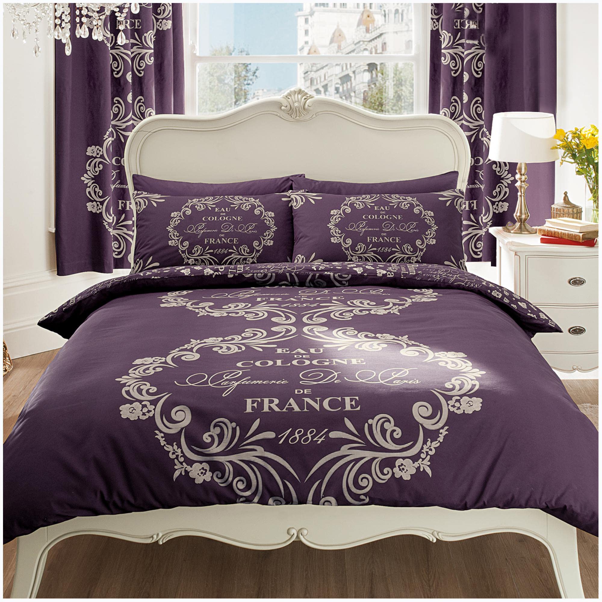 Gaveno Cavailia Luxurious SCRIPT PARIS Bed Set With Duvet Cover and Pillow Case, Polyester-Cotton, Purple , Double