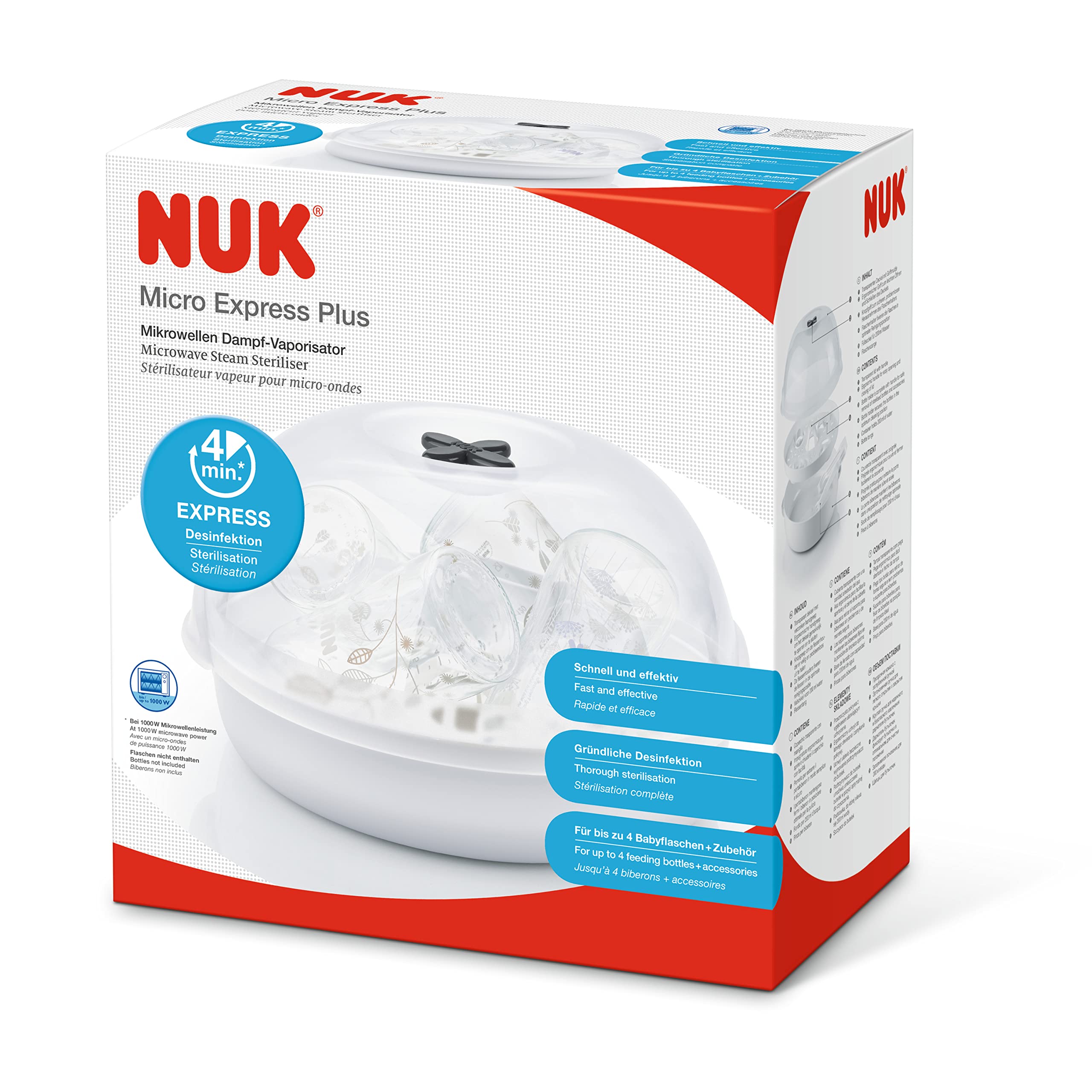 NUK Micro Express Plus Mikrowellen-Sterilisator für Flaschen | sterilisiert bis zu 4 Babyflaschen plus Zubehör in 4 Minuten | passt in die meisten Mikrowellen | inklusive Flaschenzange 6