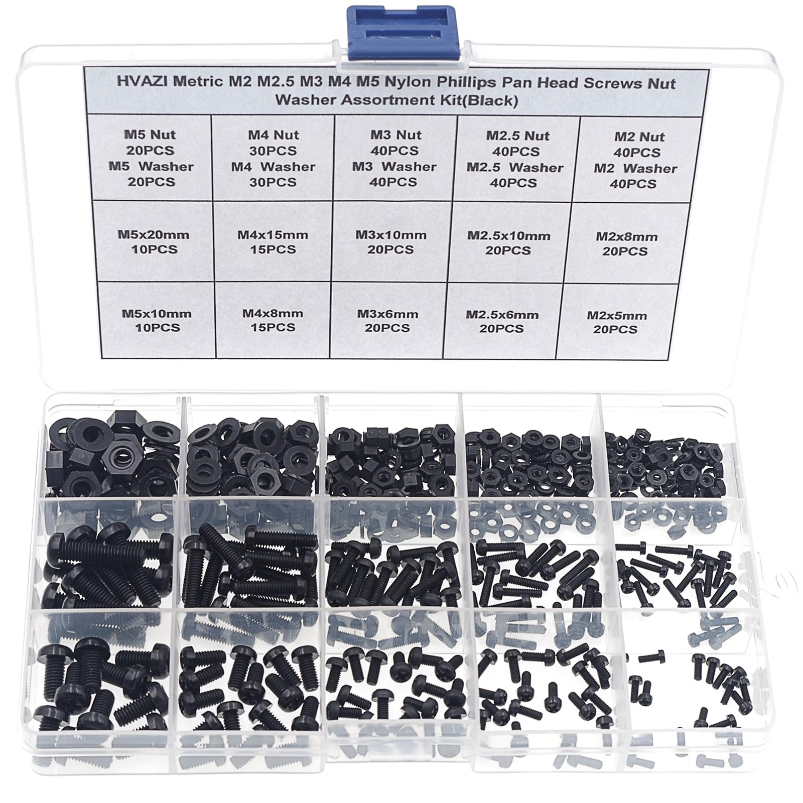 HVAZI Metric M2 M2.5 M3 M4 M5 Nylon Phillips Pan Head Screws Nut Washer Assortment Kit (Black)