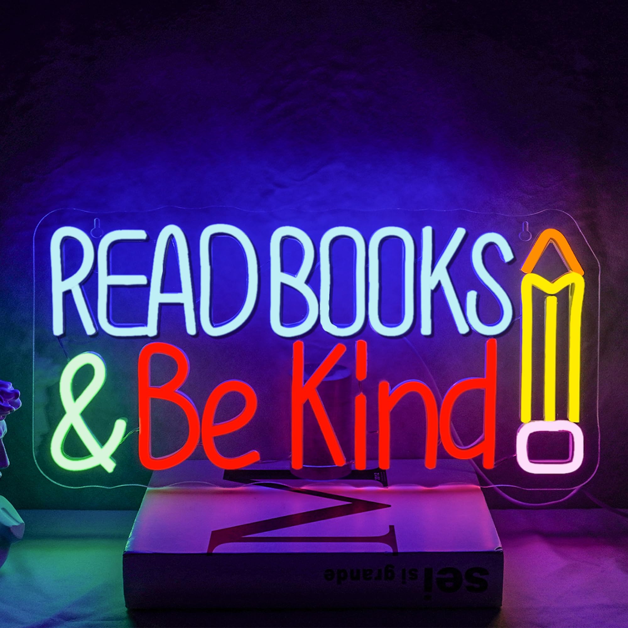 NOXET Read Book Neon Sign Reading Books Neon Sign Be Kind Neons Signs Dimmable Neon Signs Blue LED Sign Pencil Neons Sign for Classroom Library Reading Club Party