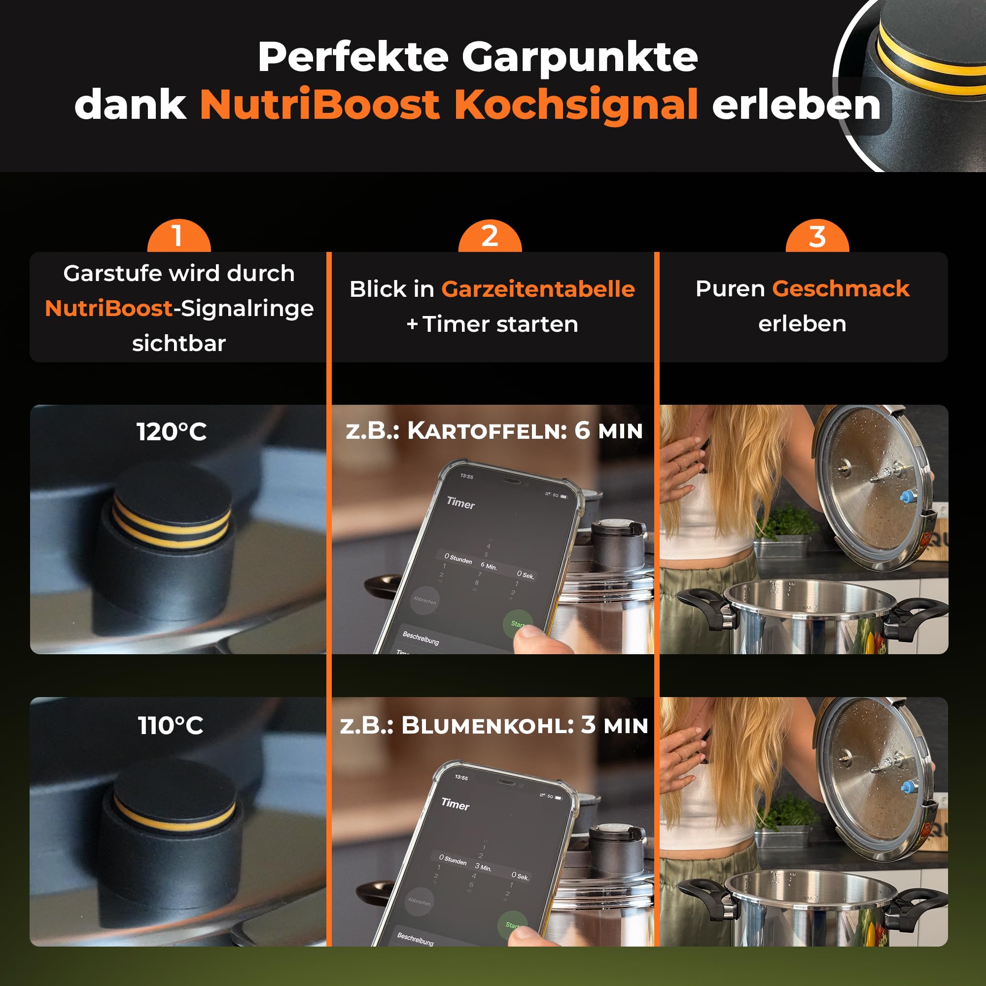 QUIXO Schnellkochtopf 6L VitaSmart mit Kochzeitsignal für alle Herdarten [NEU mit Füllmengenmarkierung] Dampfkochtopf mit 2 Garstufen (6L + Garkorb) 4