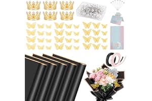 Hossmily 219 Pcs Flower Bouquet Wrapping Paper Waterproof Floral Wrapping Paper Florist Supplies with Butterfly Decoration Crowns Ribbons Bouquet Pin Glue for DIY Craft (Black)