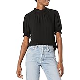 Amazon Essentials Women's Fluid Twill Short Puff Sleeve Smock Detail Shirt