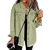 Vetinee Women’s Oversized Button Up Frayed Hem Shacket Long Sleeve Pockets Denim Jean Jacket