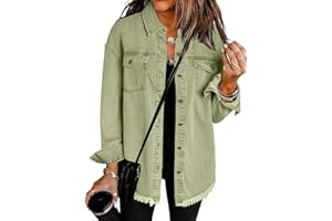 Vetinee Women’s Oversized Button Up Frayed Hem Shacket Long Sleeve Pockets Denim Jean Jacket