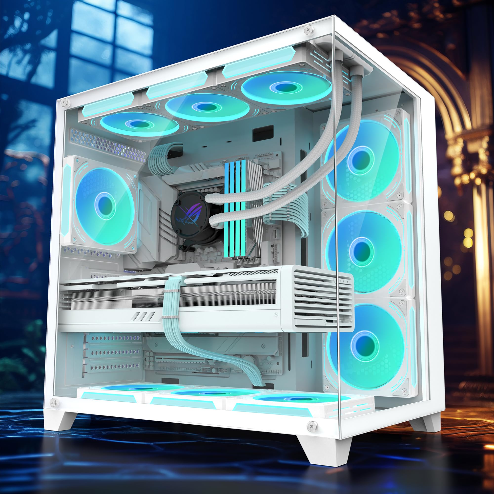 GOPIE White PC case, 4Pack PWM RGB Computer Fans pre-Installed, Gaming Desktop pc Hosting case Compatible with 360mm RAD -270° Full View Dual Tempered Glass
