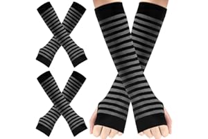 Syhood 2 Pairs Halloween Christmas Punk Gothic Rock Long Arm Warmers Knit Fingerless Gloves Thumb Hole Stretchy Women Stripe