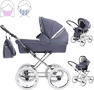 Friedrich Hugo Natureline Uni | 3 in 1 Kombi Kinderwagen Komplettset | Öko Nostalgie Kinderwagen | Farbe: Elisabeth Stone Silver