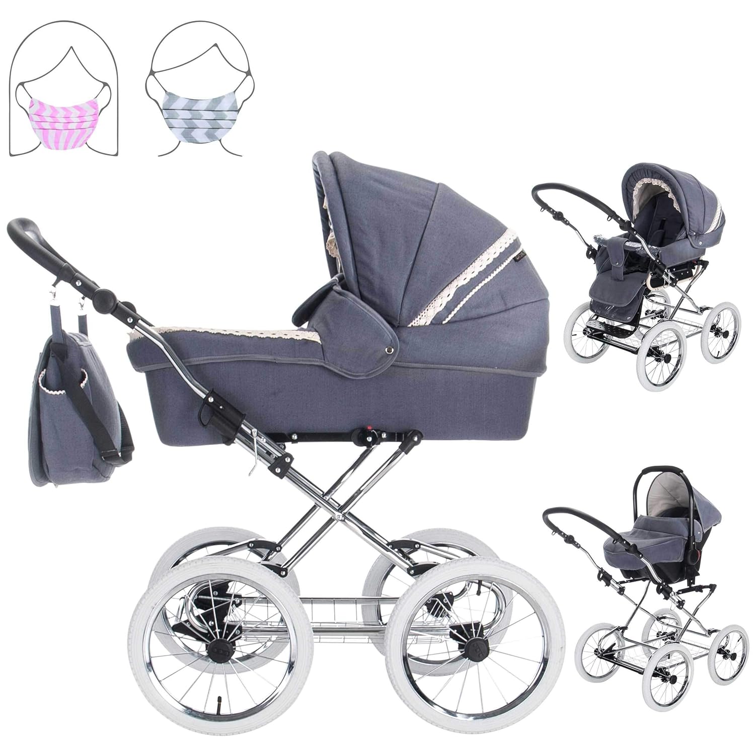 Friedrich Hugo Natureline Uni | 3 in 1 Kombi Kinderwagen Komplettset | Öko Nostalgie Kinderwagen | Farbe: Elisabeth Stone Silver