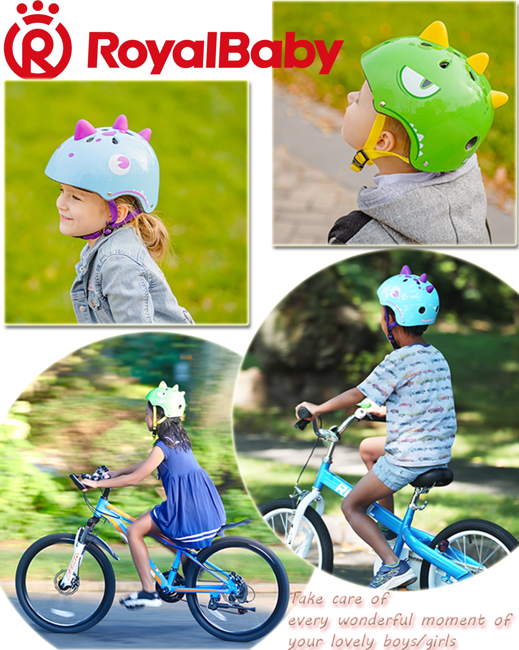 Kids Bike Helmet Toddler to Youth Sizes for Boys Girls Dinosaur Helmet Blue Green Dino Helmets for Multi-Sport
