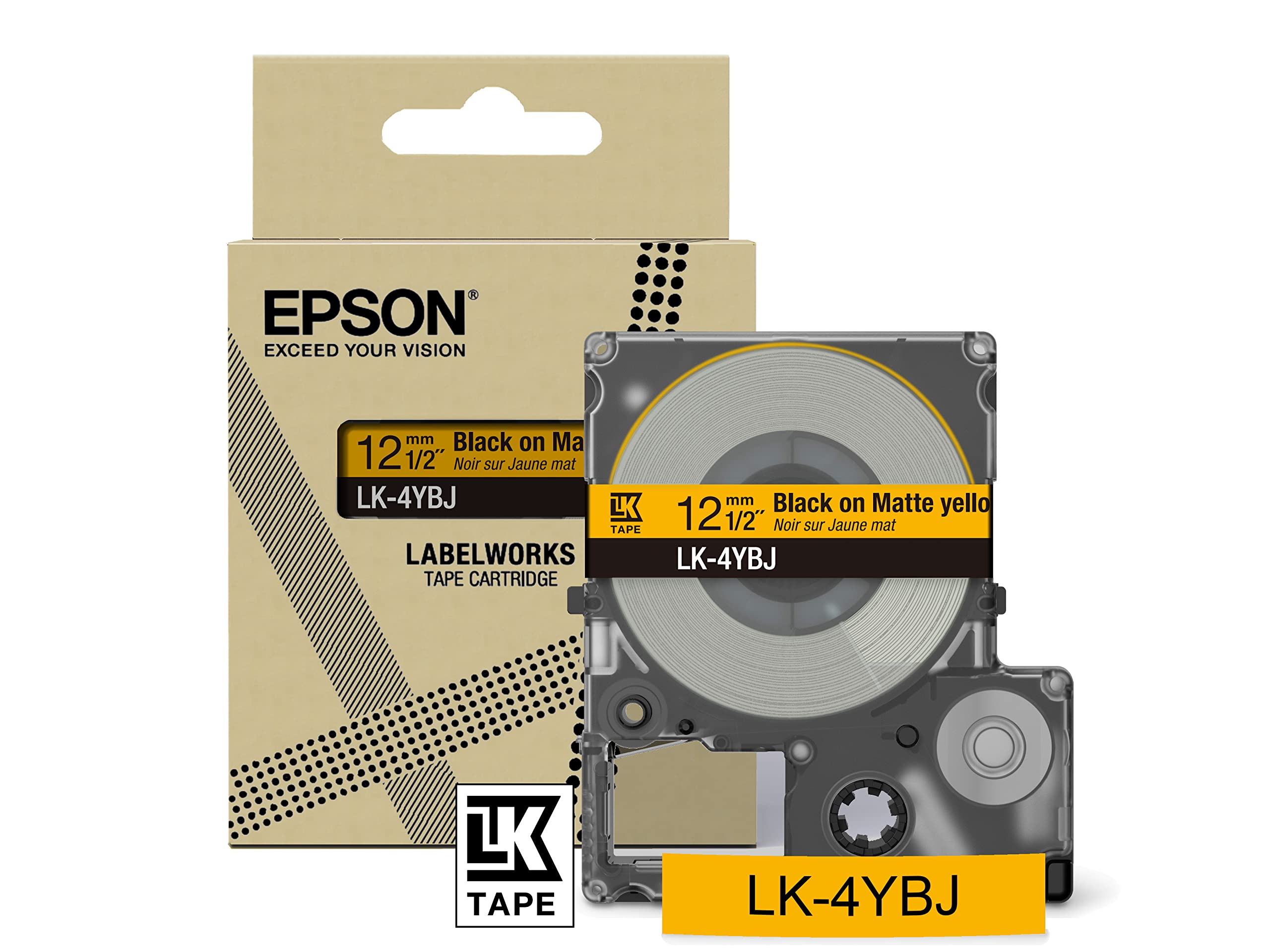 Epson LabelWorks[Matte Yellow/Black 12mm LK-4YBJ]tape compatible with LW-C410 and LW-C613