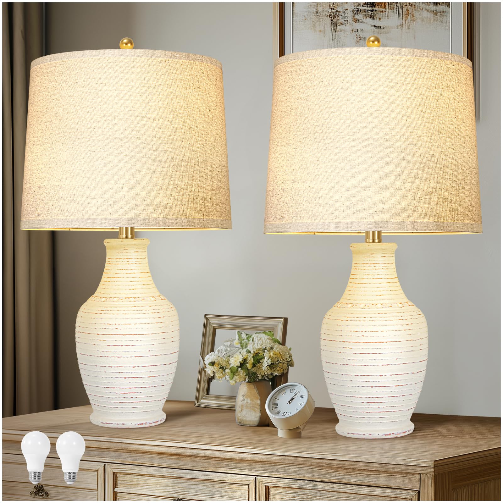 Photo 1 of 23" White Washed Ceramic Table Lamps Set of 2 with 3-Way Dimmable Bulb,Rotary Switch,Lamps for Living Room,Bedside Lamp with Linen Shade,Nightstand Lamps of 2 for Living Room Bedroom(Bulb Included)