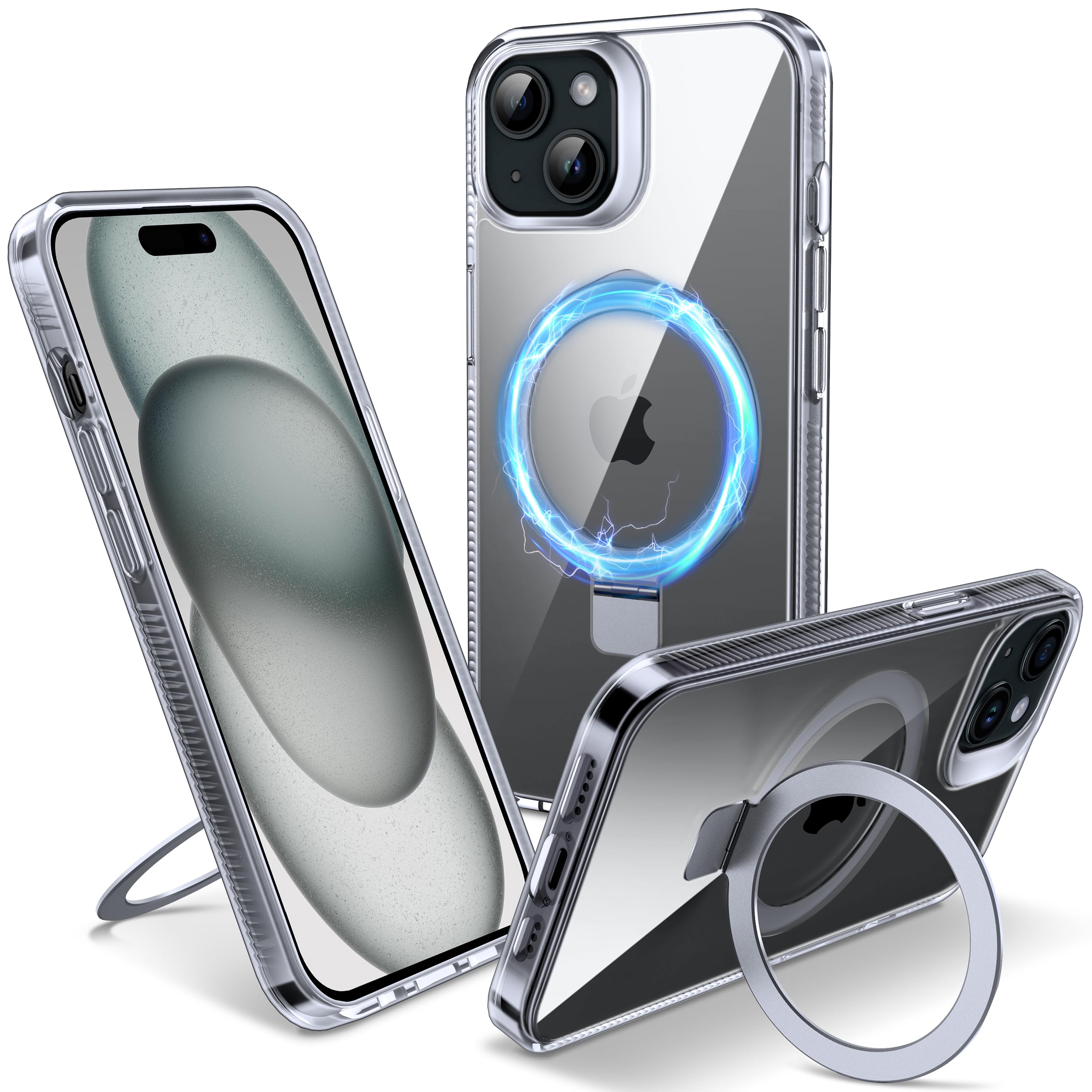 Flyzoo Magnetic Kickstand Case for iPhone 15 Plus, [Compatible with MagSafe & Invisible Ring Stand Holder] [Non-Yellowing & Shockproof] Clear Transparent Hard Silicone Edge Cover, 6.7'', Clear — image 1