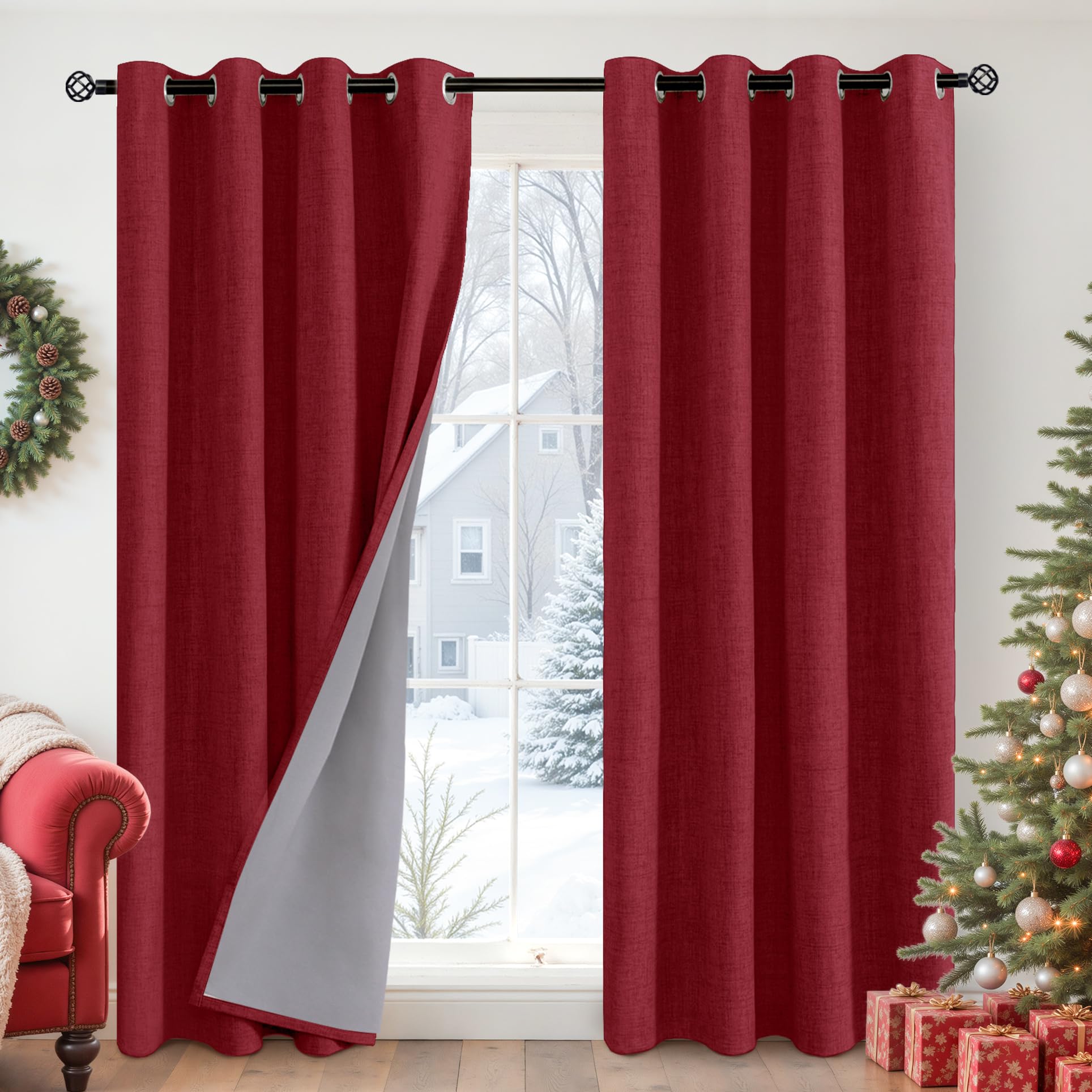 YoungsTex Burgundy Linen Blackout Curtains 80 Inches Long for Bedroom, Thermal Insulated Window Drapes with Grommet Light Blocking for Living Room, 2 Panels, 52 X 80 Inch Image