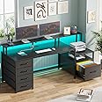 SEDETA Computer Desk with 5 Drawer, Power Outlet & Led Lights, 66'' Home Office Desk with File Drawer, Storage, Monitor Shelf