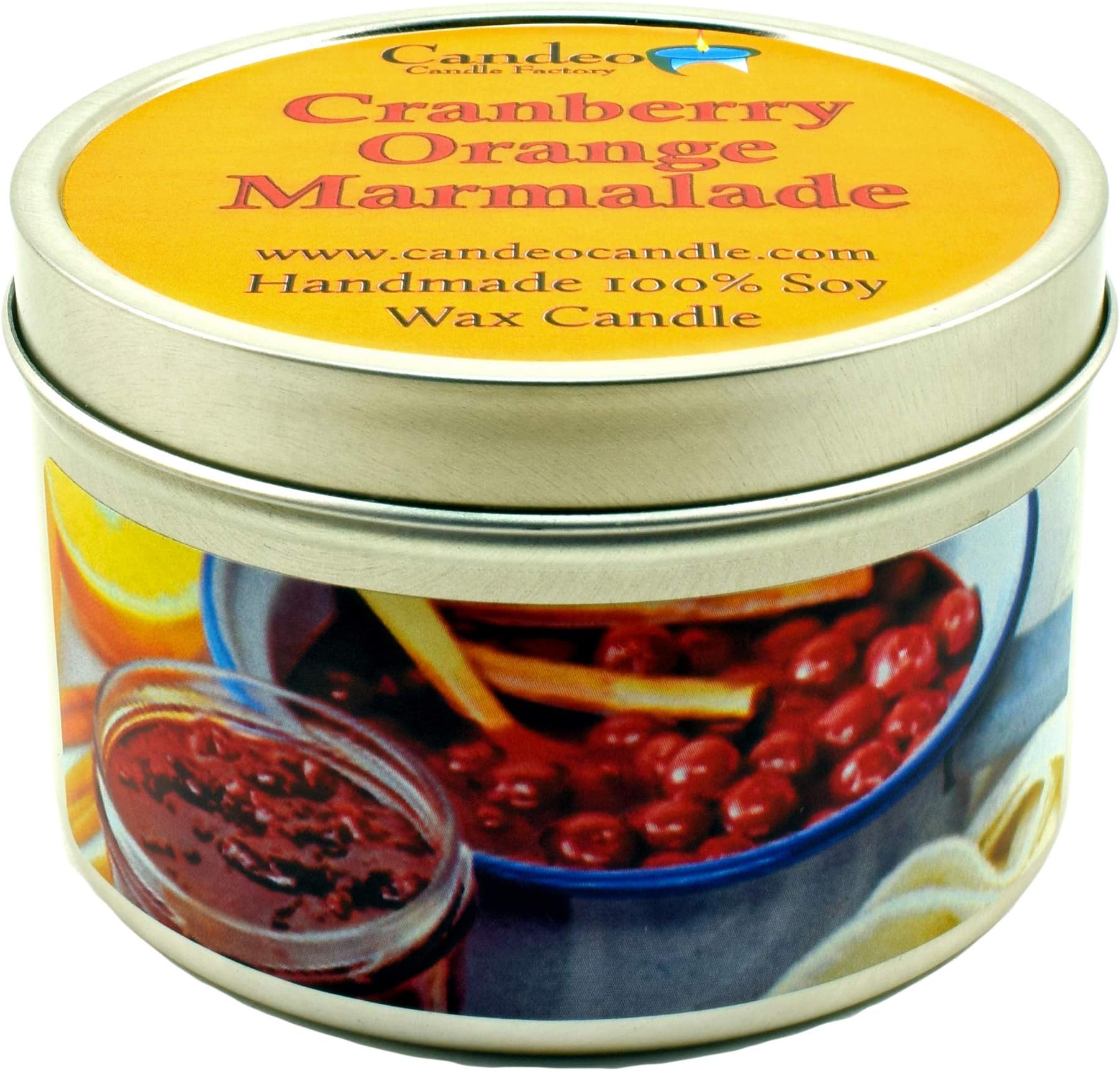 Cranberry Orange Marmalade - Large Travel Tins, 6oz - Highly Scented - Made with Soy Wax - Handmade in The USA - Candeo Candle - Pumpkin Fall Candles