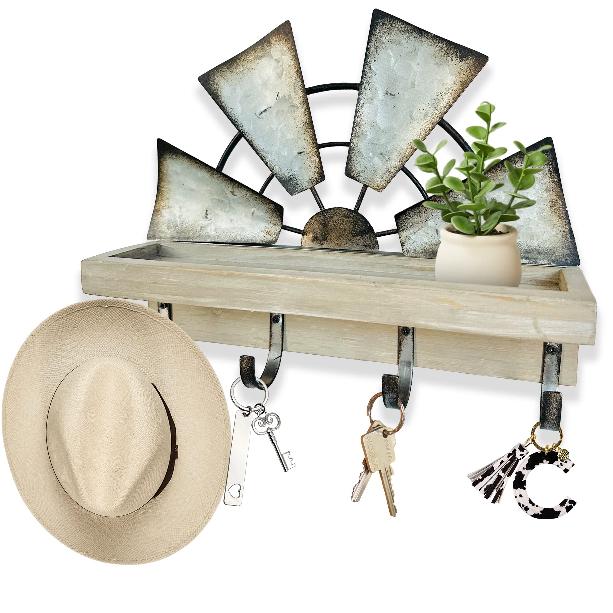 Photo 1 of RootyHeart Windmill Key Holder Wall Mount, Decorative Wall Mounted Key and Mail Rack with Shelf, Farmhouse Wall Decor, 4 Rustic Hooks for Coats & Keys, Gray Western Key Holder