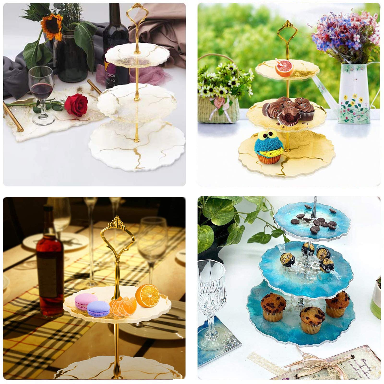 3 Tier Cake Stand Molds for Resin, Silicone Cake Resin Tray Mold, with a Set of Golden Bracket and a Set of Silver Bracket, DIY Epoxy Resin Casting Mold for Making Dessert Platter, Serving Stand