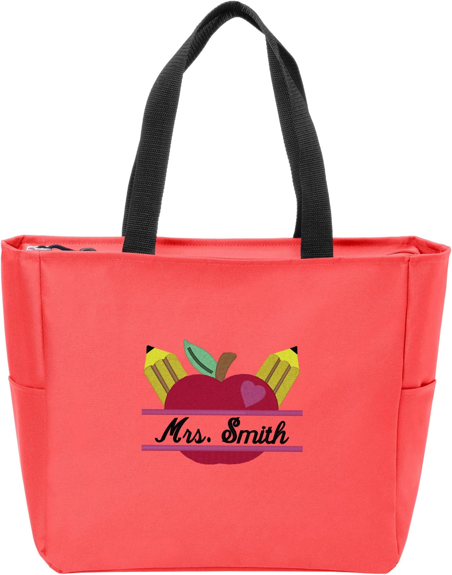 Personalized Canvas Tote Bag with Customizable Teacher's Apple Monogram Shoulder Bag for School Work, Travel and Shopping (Hibiscus)