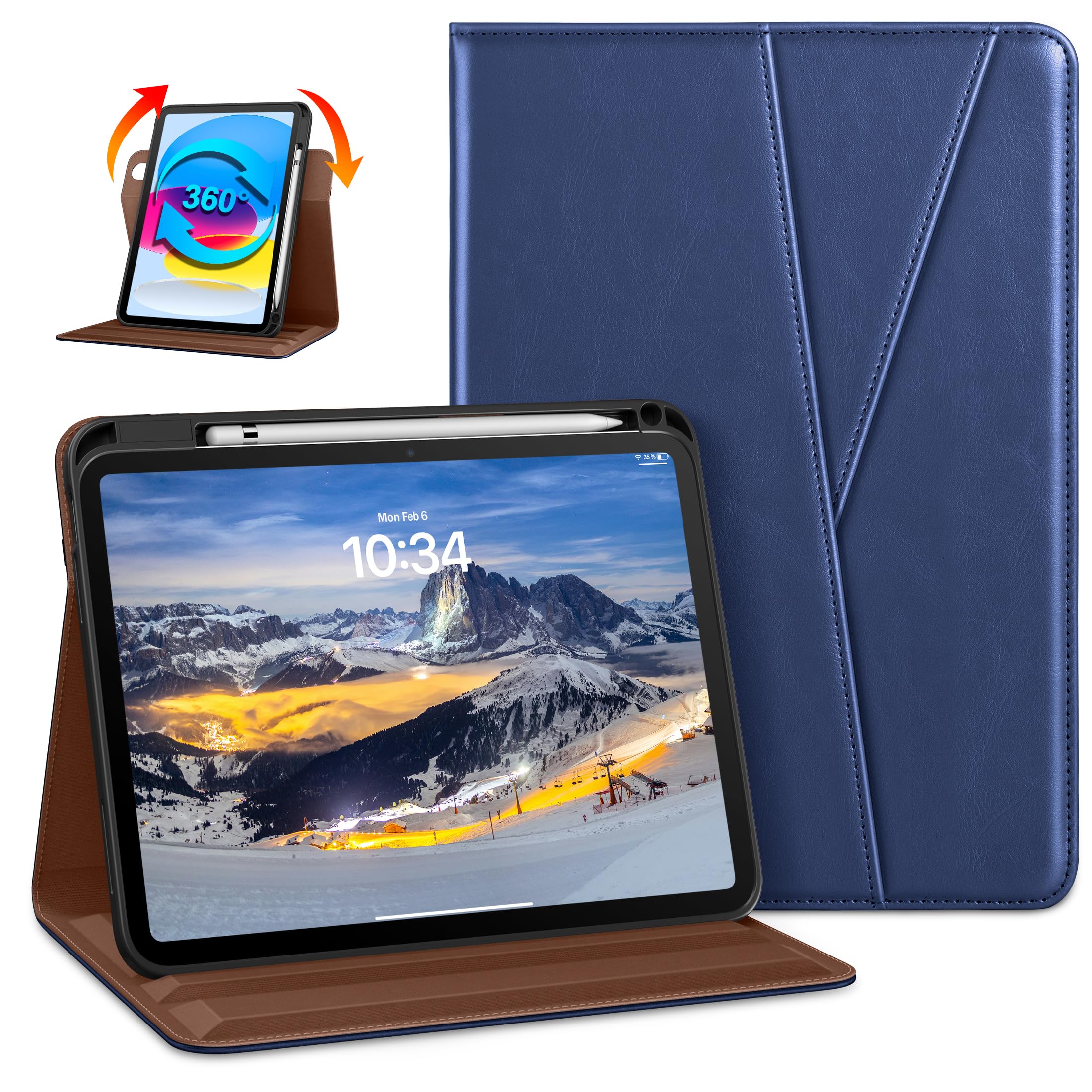 Photo 1 of DTTO Rotating Case for iPad (A16) 11th Generation 11 Inch 2025, iPad 10th Generation 10.9 Inch 2022, 360 Degree Swiveling Premium Leather Folio Stand Cover with Pencil Holder, Navy Blue