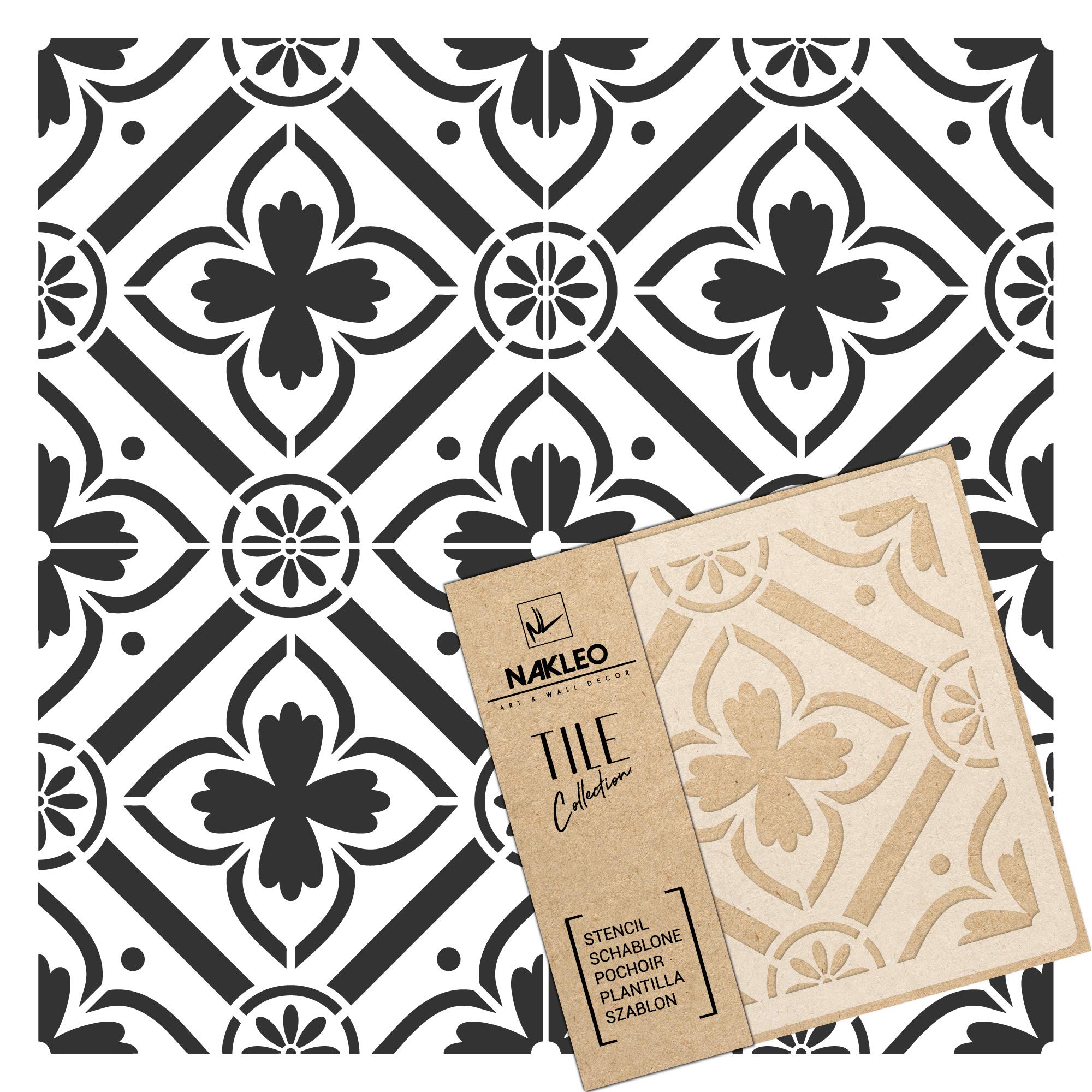 NAKLEO Tile Painting Stencil 10x10 cm, Romeira Spanish Moorish Flower Moroccan, Plastic Reusable Template, Home Decor Craft DIY, Floor Concrete Patio Wall - Terracotta