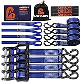 A ANTELOPE Ratchet Tie Strap Set of 4-5250 LBS Breaking Strength, 1.5" x 8' Ratchet Straps with 4 Soft Rings, Coated S-Hooks, and Soft Padded Handles for Secure Motorcycles, Trucks, Trailers (Blue)