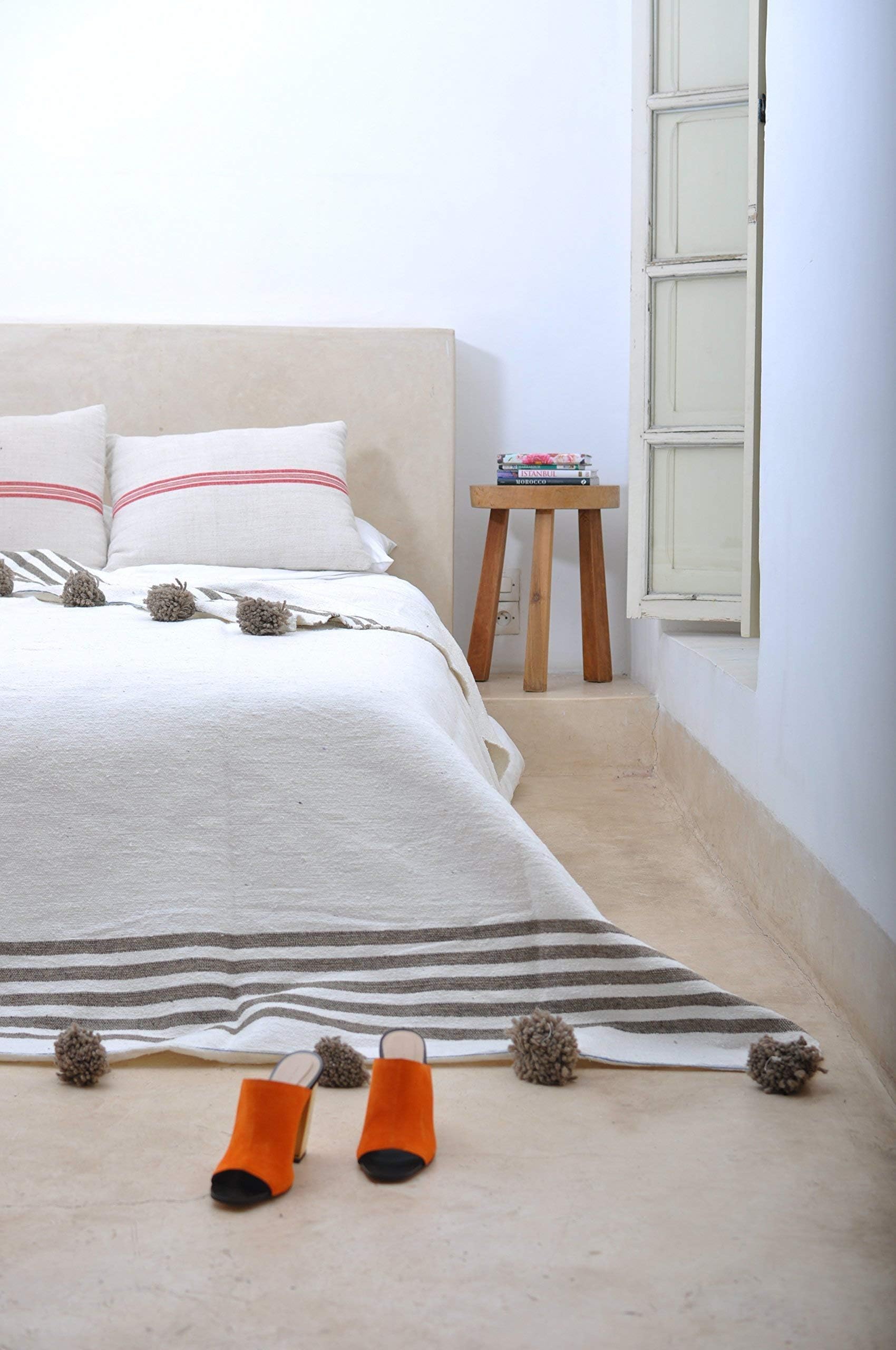 Sage. Moroccan Pom Pom Blanket Throw, Quilt, Bedding, Cotton. Large (78 x 118 inches / 2 x 3 m)