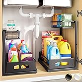 Fabutier Under Sink Organizer, 2 Pack Cabinet Organizer for Kitchen, Height Adjustable Pull Out Heavy Duty 2 Tier Metal Under