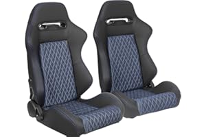ELOUNTIK 2 Pcs Adjustable Universal Racing Seats with Double Sliders, Reclinable Bucket Seats, 1 Pair of Sport Seats for Vehicles (Black+Blue)