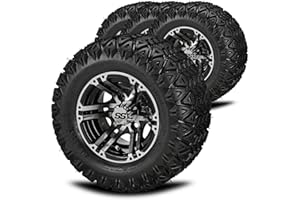 RM Cart 10" Yukon Black/Machined on 20x10-10 Black Trail II Tires (Set of 4) | Golf Cart Tires and Wheels Combo with Standard Lug Nuts