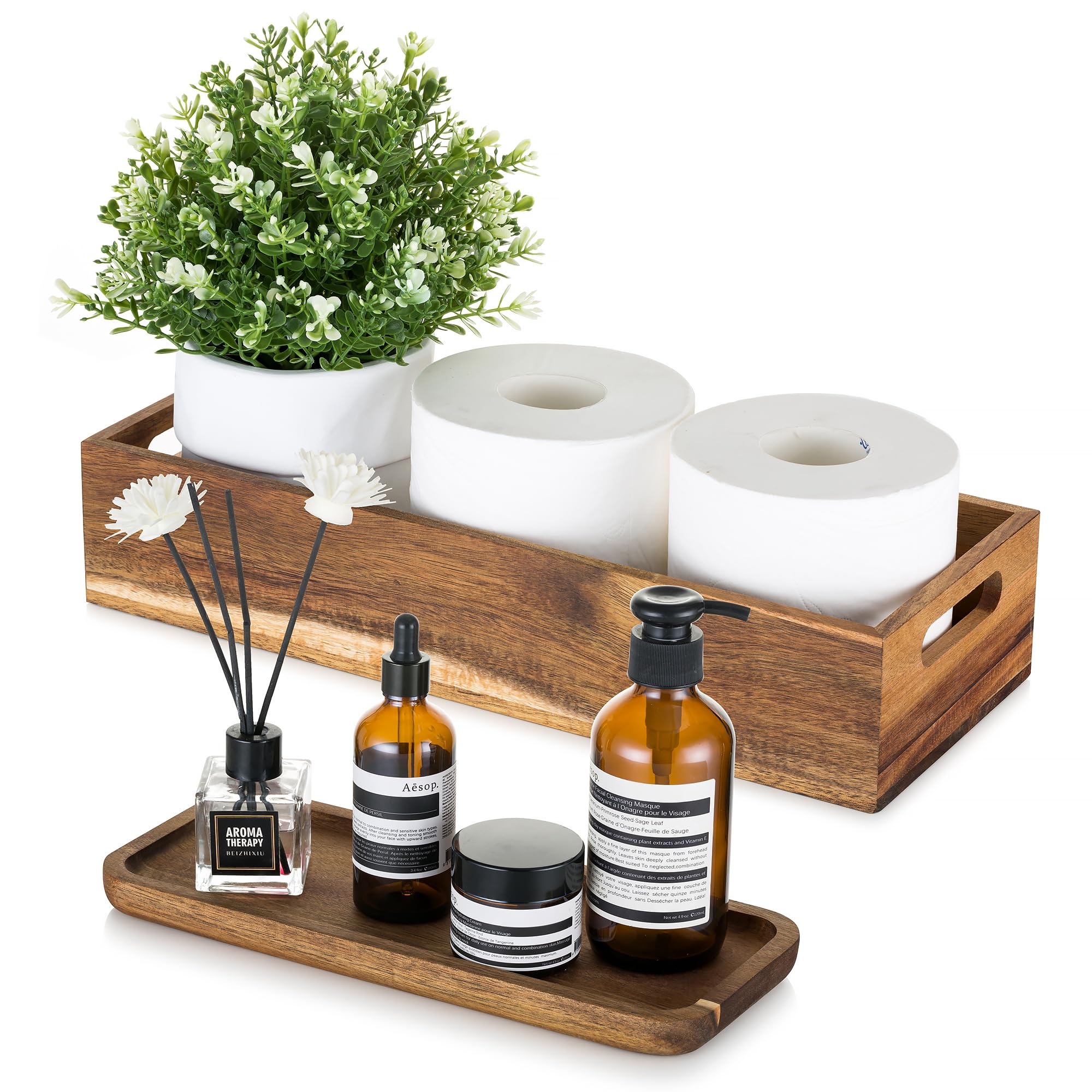 Hanobe Decorative Tray Wooden Bathroom: Set of 2 Wood Bathroom Storage Box with Vanity Display Tray Platter for Kitchen Counter